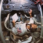 Columbia command module pilot Michael Collins inside the craft.