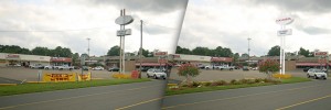 A before and after photo of what the Columbia Shopping Center on Main Street could look like with the help of Making Magnolia Blossom.